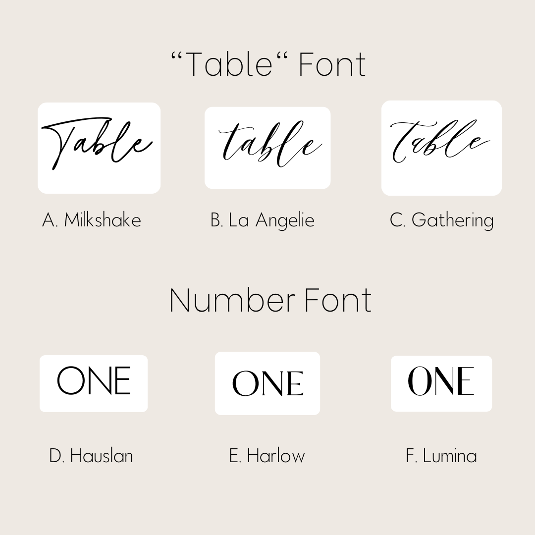 Table Numbers - lettered "Table" + print written number