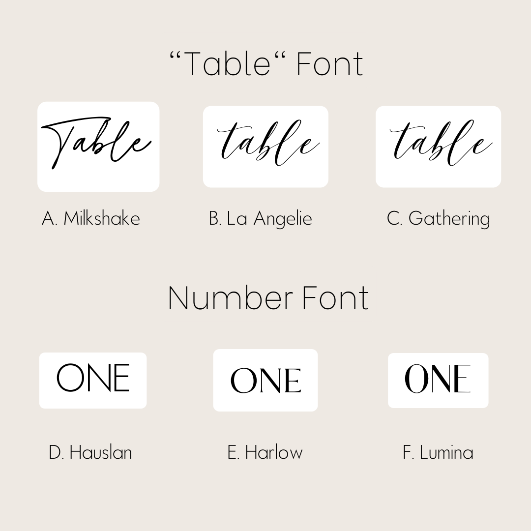 Table Numbers - lettered "Table" + print written number