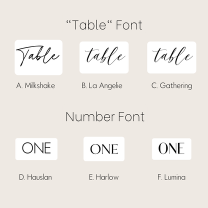 Table Numbers - lettered "Table" + print written number