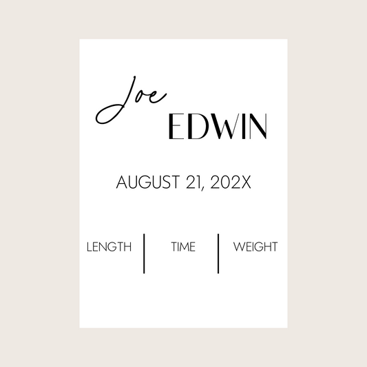 Birth Announcement Placard - Name + Details (Larger Rectangle)