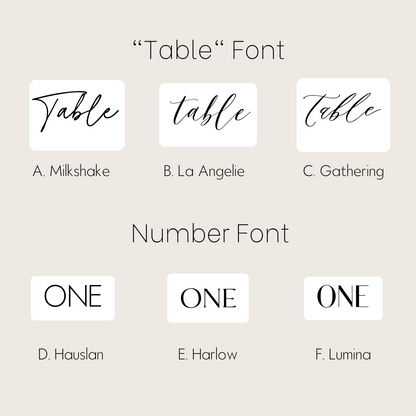 Table Numbers - lettered "Table" + print written number
